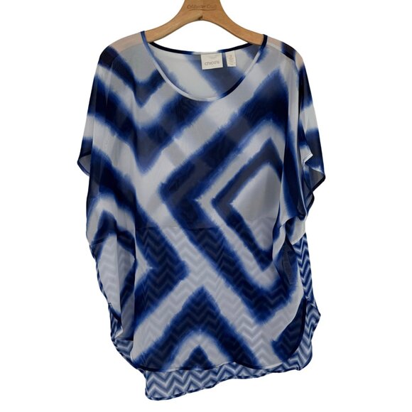 Chico's 2 Women's semi Sheer Blue White Geometric Print Tunic Top Size large - Picture 1 of 9